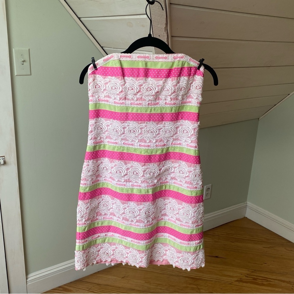 Lilly Pulitzer Dress 4 Strapless Pink Green White Lace Floral Polka Dot Ribbon - Picture 2 of 11